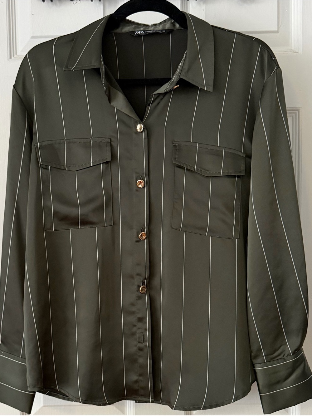 Zara Satin Green Blouse XS Gold Button Detail Elegant Top Going Out Work Outfit